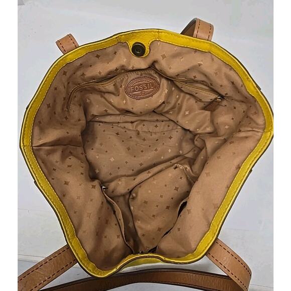 Fossil Zoey Yellow Beige Brown Leather Shopper Shoulder Hand Bag Purse U299 - Picture 9 of 10